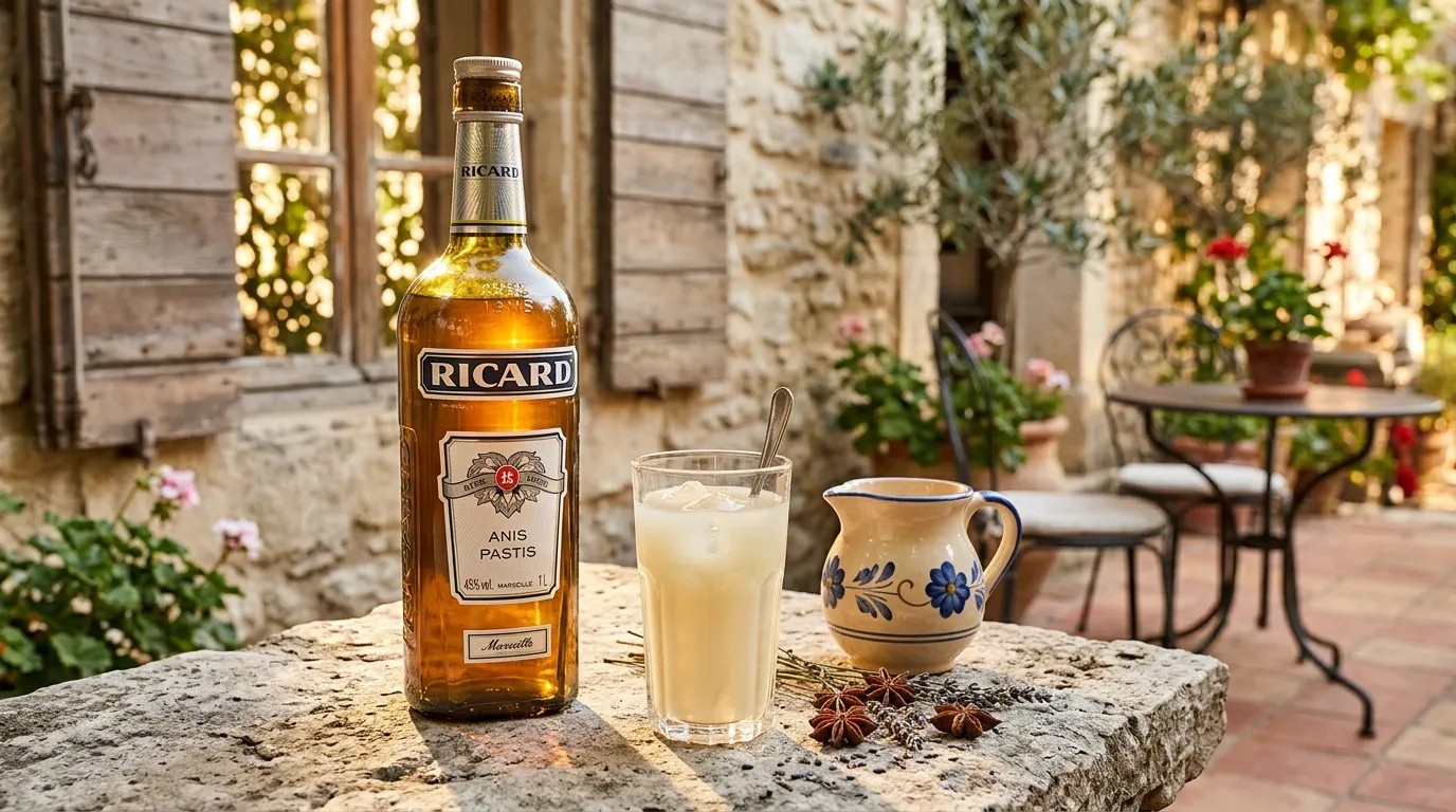Bouteille Ricard, verre glaçons et carafe bleue en terrasse