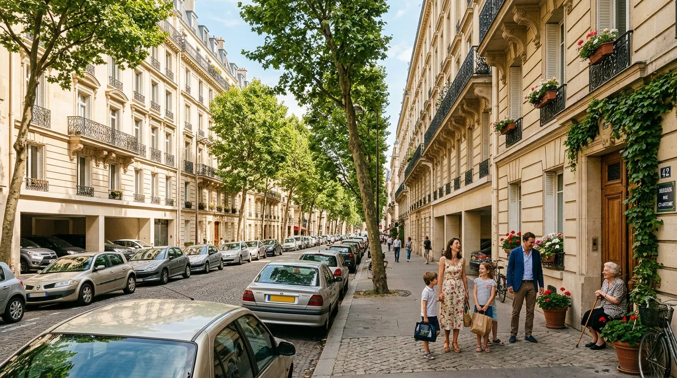 Famille marchant dans une rue parisienne avec immeubles haussmanniens