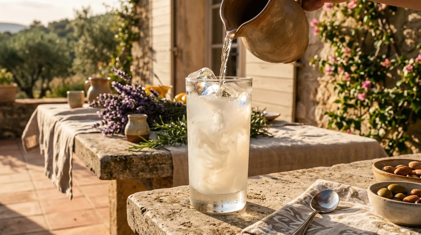 Verre d'eau glacée versée sur terrasse ensoleillée avec olives