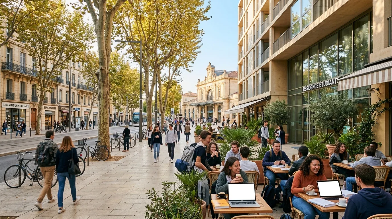 Étudiants travaillant en terrasse sur une place urbaine animée