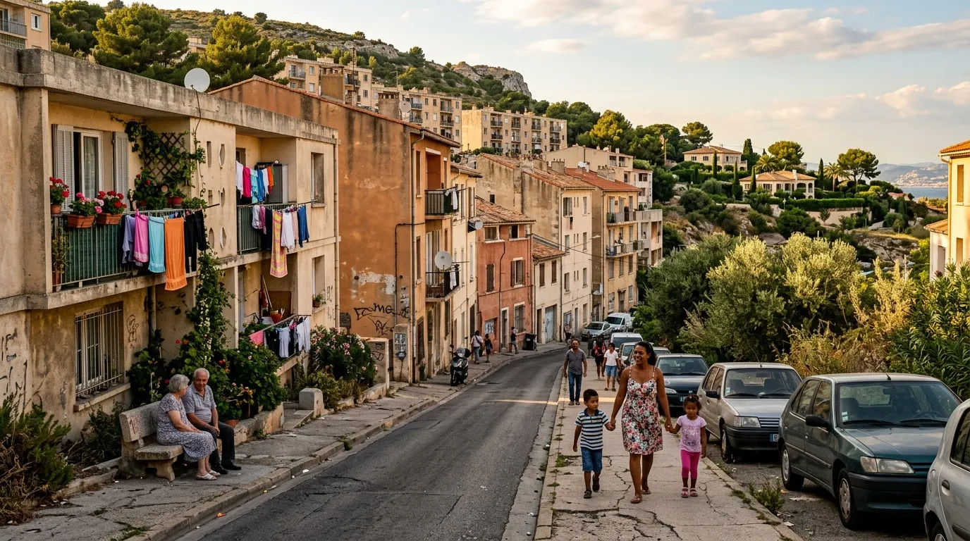 Rue pittoresque avec habitants, linge séchant aux balcons, maisons colorées méditerranéennes