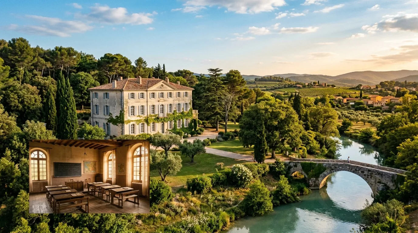 Manoir blanc en Toscane surplombant rivière et pont médiéval