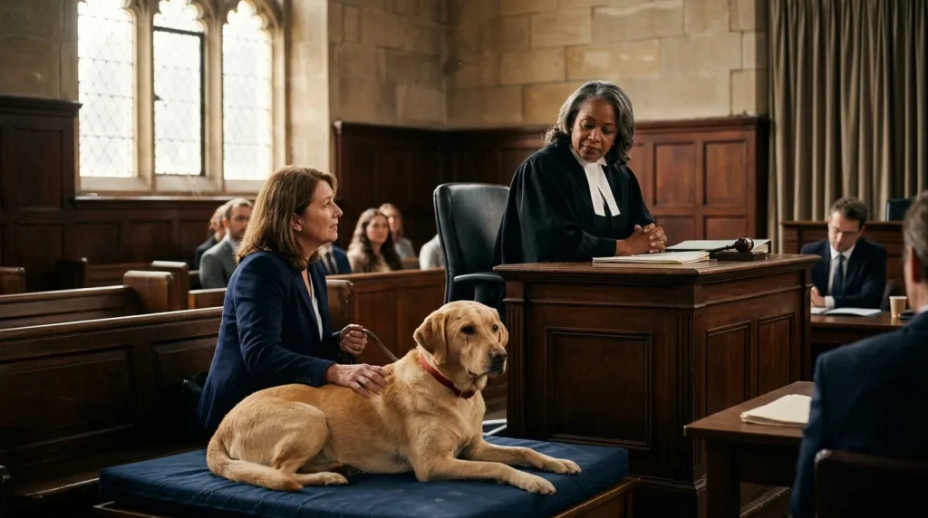 Femme avec chien d'assistance devant juge en salle d'audience