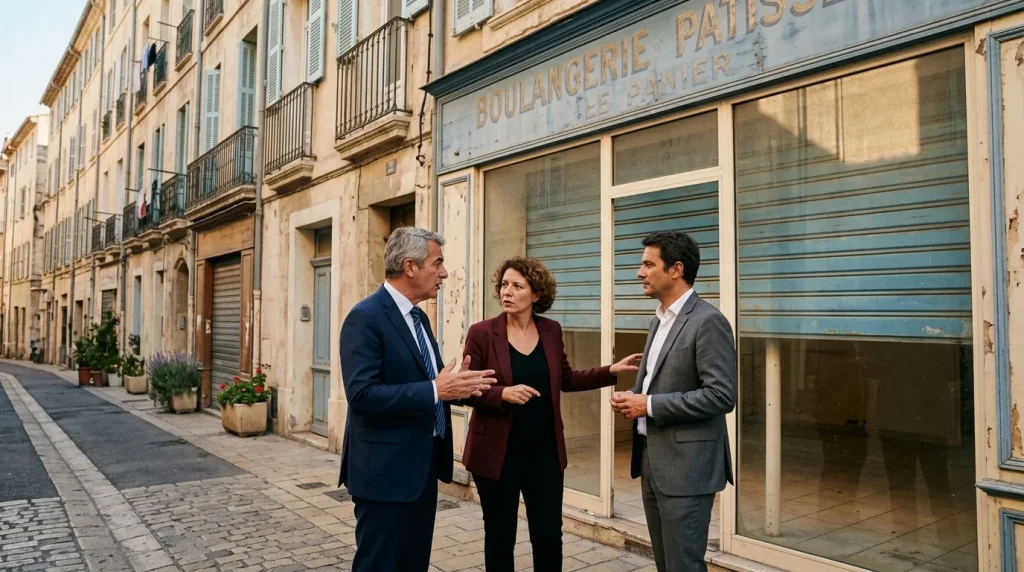 Trois professionnels discutent devant une boulangerie fermée