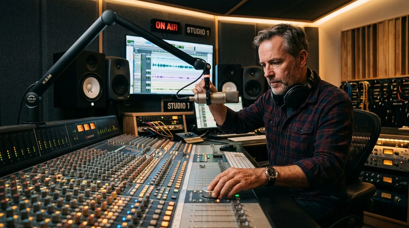 Homme travaillant à la console de mixage dans un studio d'enregistrement professionnel