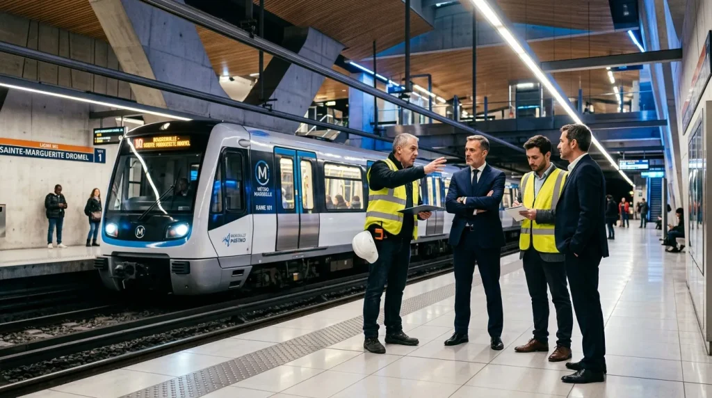 Officials inspect new metro train at station platform