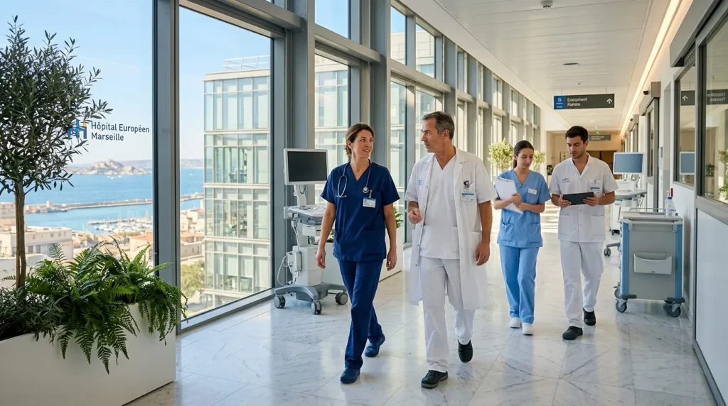 Professionnels de santé marchant dans couloir moderne hospitalier