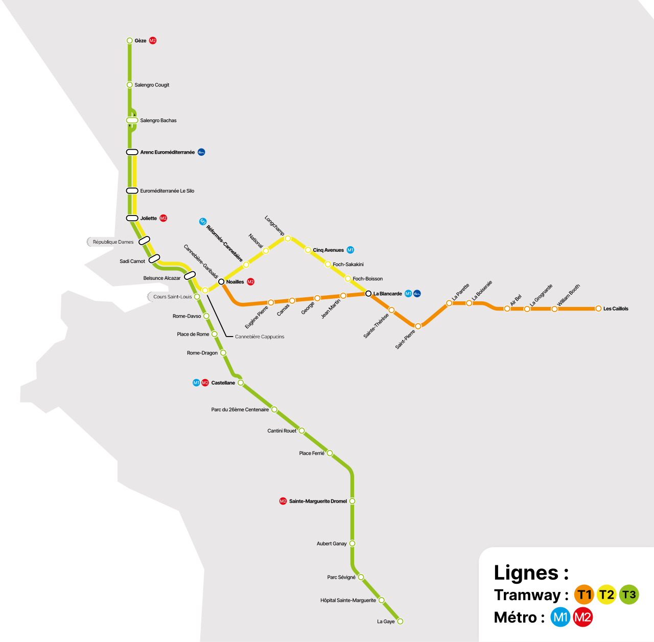 Plan des lignes T1, T2 et T3 du tramway de Marseille avec les correspondances métro, début 2026