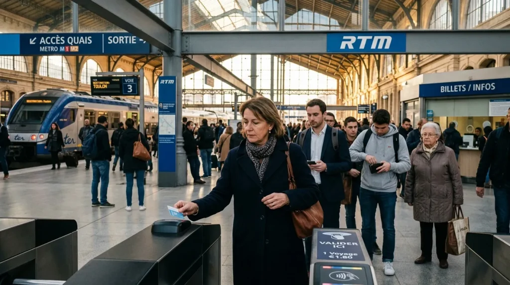 Femme validant son titre de transport en gare ferroviaire