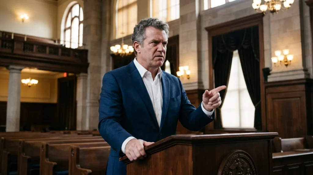 Homme en costume bleu parlant dans une salle d'audience