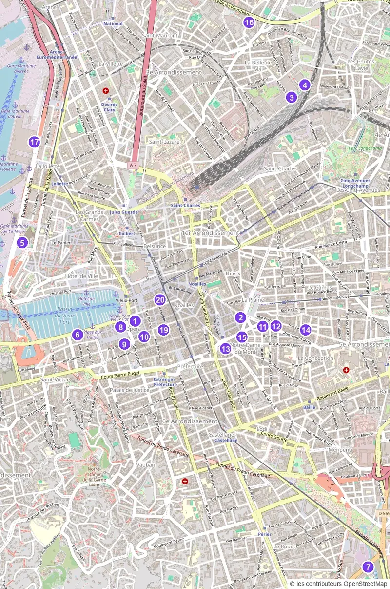 Carte des boîtes de nuit et clubs de Marseille, numérotés de 1 à 20