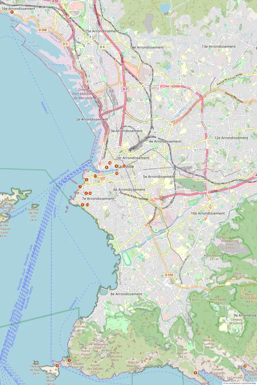 Carte des restaurants de bouillabaisse à Marseille, numérotés