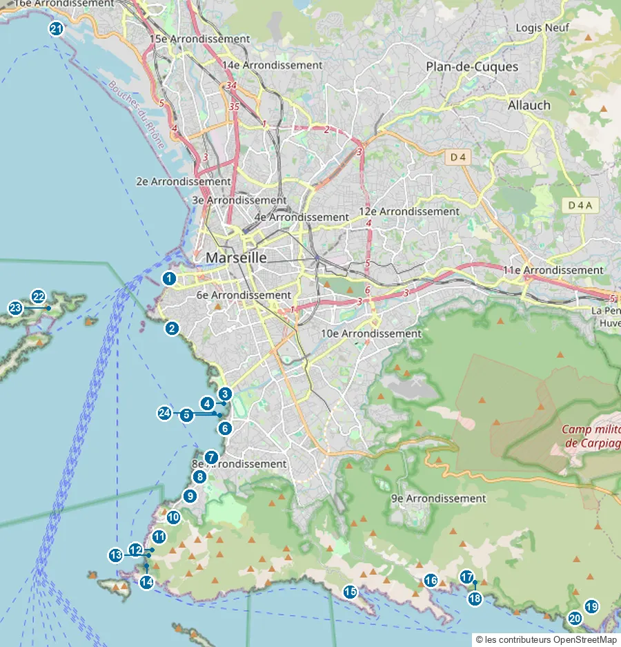 Carte des plages de Marseille, numérotées