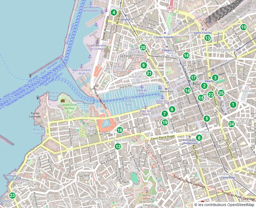 Carte des restaurants pas chers à Marseille, numérotés