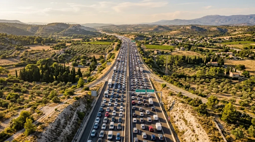 Autoroute densément encombrée de voitures dans paysage méditerranéen