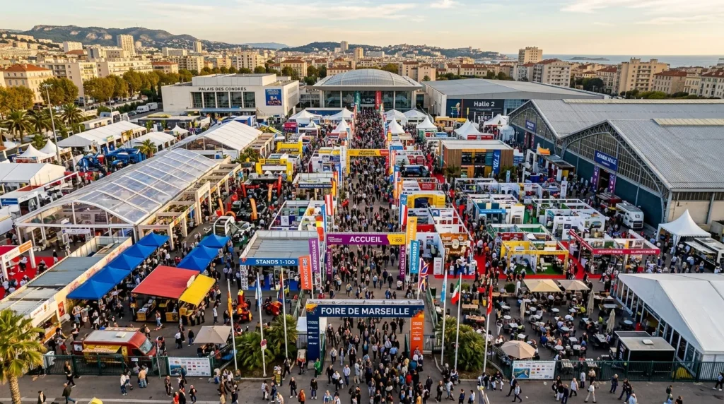 Vue aérienne de la Foire de Marseille avec foules et stands colorés.