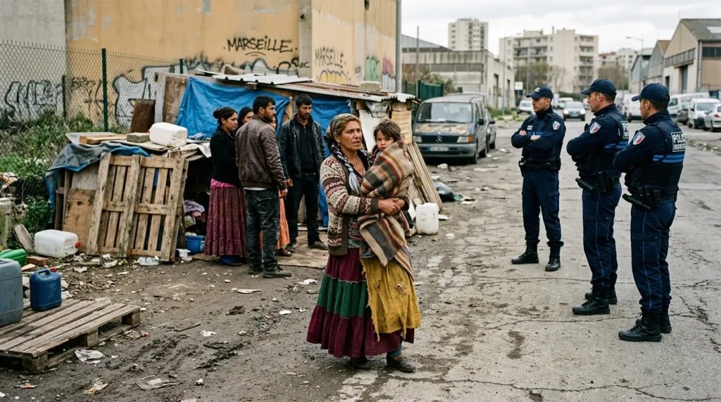 Policiers face à des familles dans un campement informel à Marseille