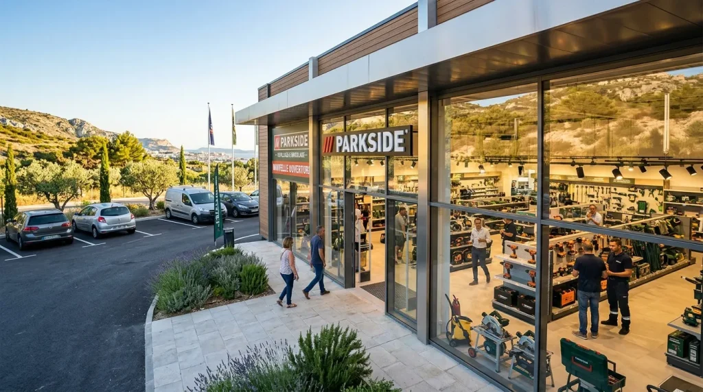 Façade moderne du magasin Parkside avec parking et montagnes en arrière-plan