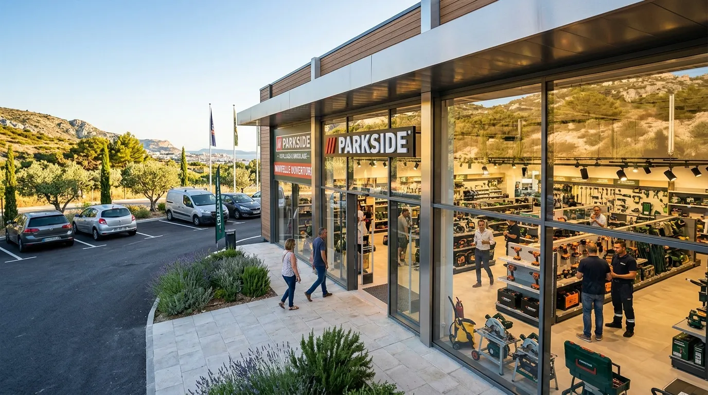 Façade moderne du magasin Parkside avec parking et montagnes en arrière-plan