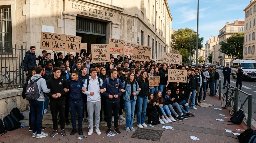 Étudiants protestataires devant lycée parisien avec pancartes