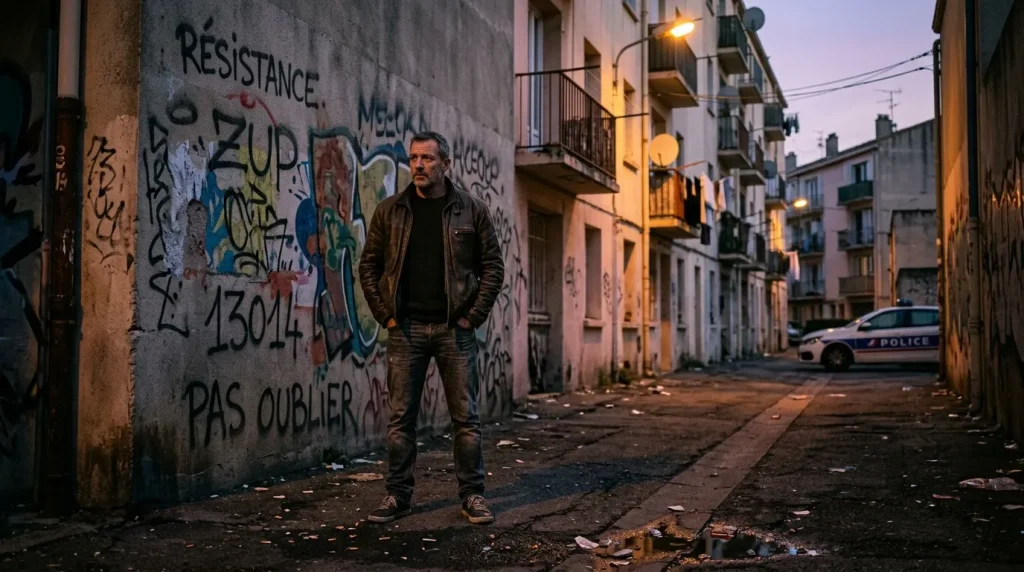 Homme dans ruelle avec graffiti résistance, police en arrière-plan