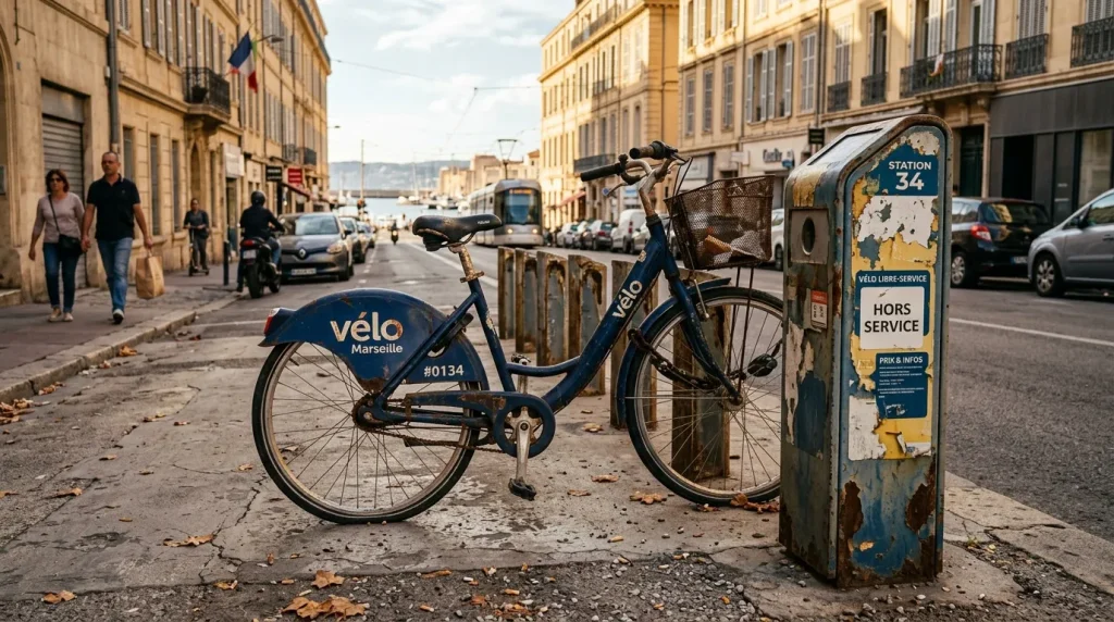 Vélo bleu Vélo Marseille stationné devant station 34 en centre-ville